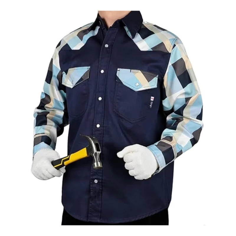 Fireproof Cotton Flame Resistant Clothing Two Tone Solid Printed Snap Closure FR Cotton Shirt 6.5OZ CAT2 NFPA 2112 Standard ATPV