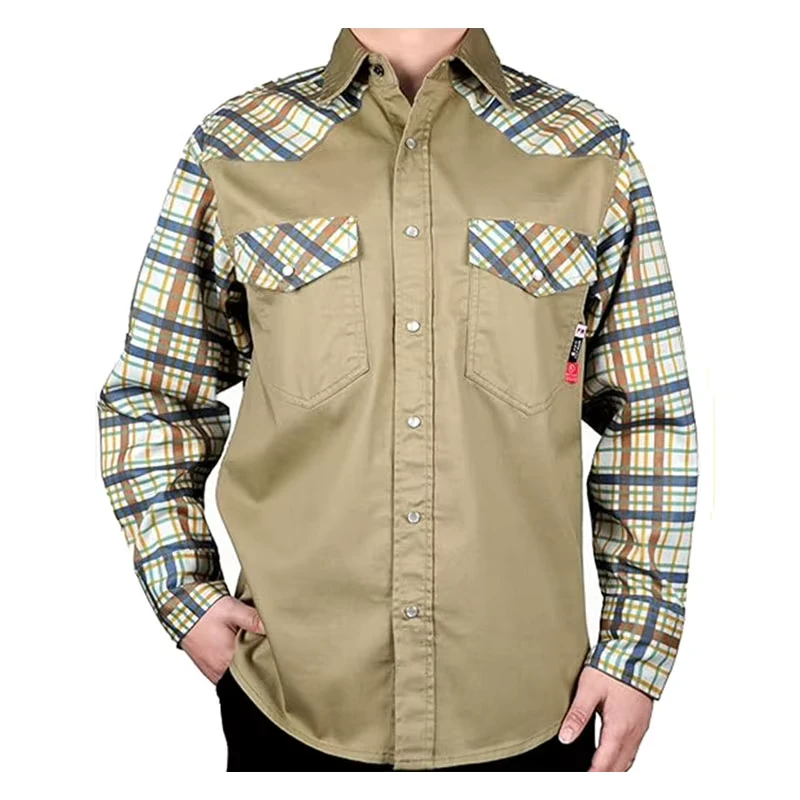 Flame Resistant Clothing Two Tone Solid Printed Snap Closure FRC Shirt 6.5OZ CAT2 NFPA 2112 Standard ATPV 8.2cal cm Arc Safety