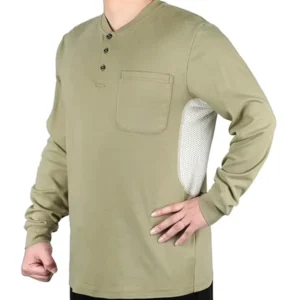 Flame Resistant Cotton Long Sleeve Henley Shirt Pullover Summer Breathable Vented Mesh Underarm 5.5OZ NFPA 2112 Workwear