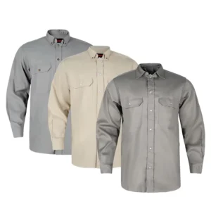 Flame Resistant Men’s Button Down Shirt Grey Wood Working Long Sleeve Work Pearl Snap Shirt