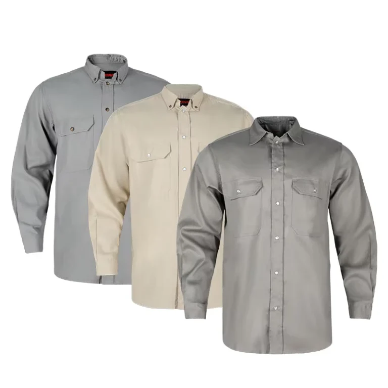 Flame-Resistant-Mens-Button-Down-Shirt-Grey-Wood-Working-Long-Sleeve-Work-Pearl-Snap-Shirt