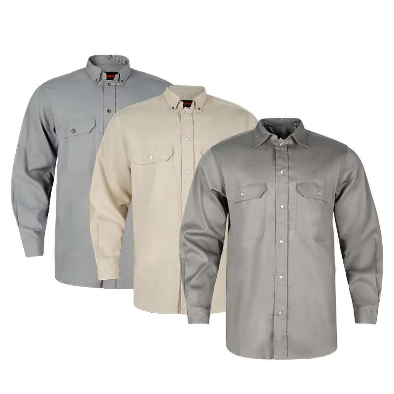 Flame Resistant Men's Button Down Shirt Grey Wood Working Long Sleeve Work Pearl Snap Shirt
