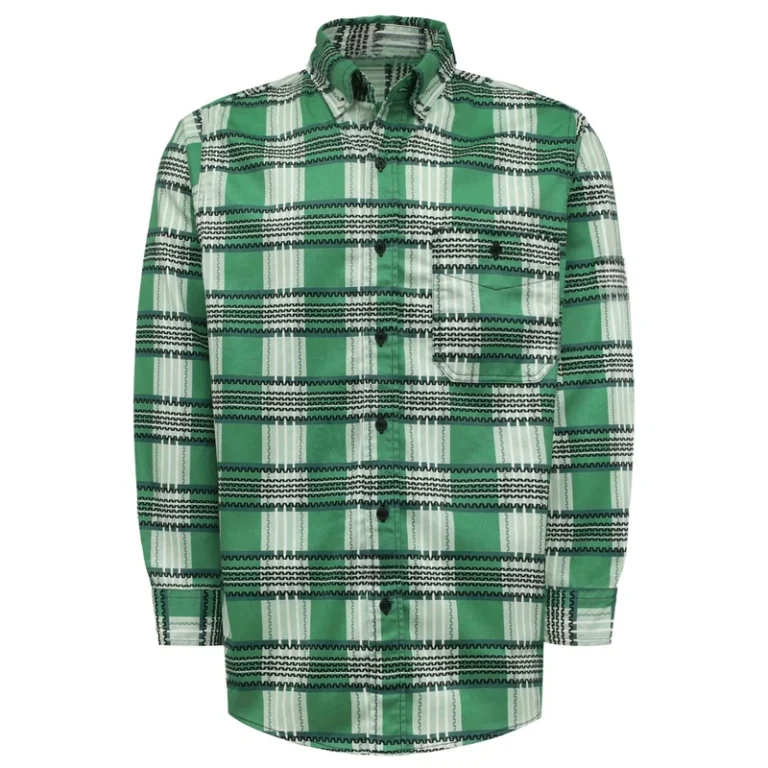Flame-Resistant-Printed-Plaid-FRC0816014Green-Loose-Fit-Welding-Shirt-with-Sewing-Seam-for-Industrial-and-Construction-Workers