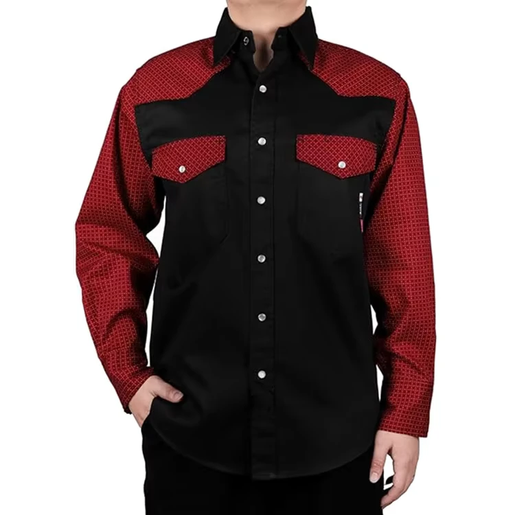 Flame Resistant Two Tone Shirt FR Cotton Sleeves Solid Body Printed Snaps Closure 6.5OZ Fabric CAT2 Arc Flash Safety NFPA 2112