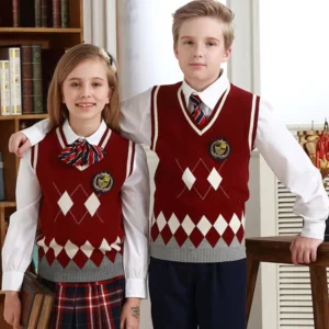 Flatting Knitting Custom Junior School Uniform Argyle Knit Sweater Vest V neck Pure Cotton Children Sleeveless High School
