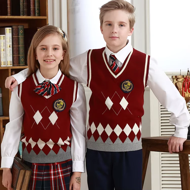 Flatting-Knitting-Custom-Junior-School-Uniform-Argyle-Knit-Sweater-Vest-V-neck-Pure-Cotton-Children-Sleeveless-High-School
