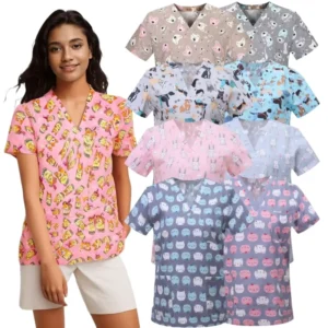 Floral Animal Printed Nursing Scrub Top for Dentist and Clinic Work