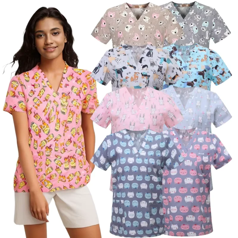 Floral Animal Printed Nursing Scrub Top for Dentist and Clinic Work