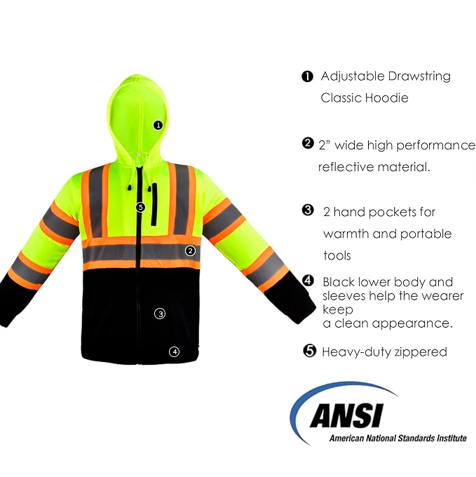 Fluorescent Breathable High Visibility Waterproof Reflective Work Hoodies With Zipper