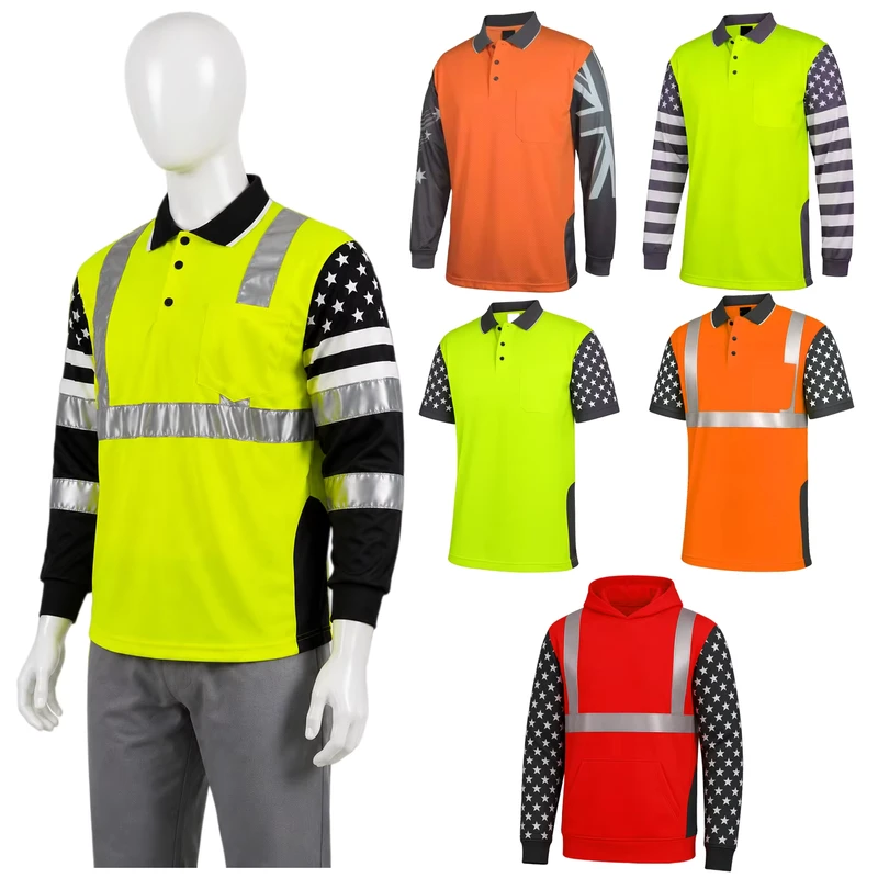 Fluorescent Hi Vis Safety Polo Shirt Long Sleeve High Visibility Work Shirt For Construction & Workwear