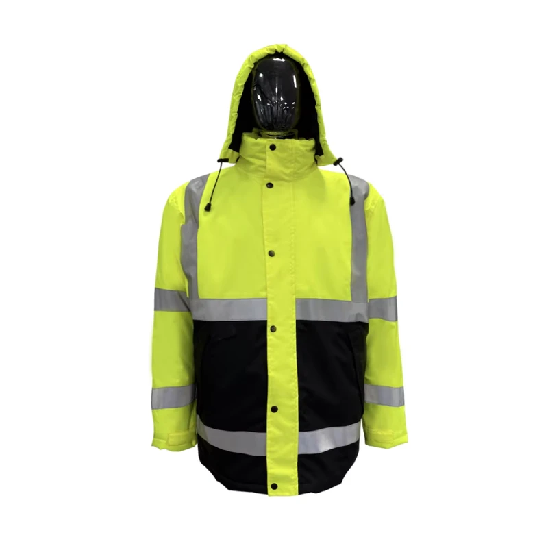 Fluorescent Yellow Puffer Jacket with Hi Vis Windproof Jacket Safety Workwear with Logo and Reflective Strip