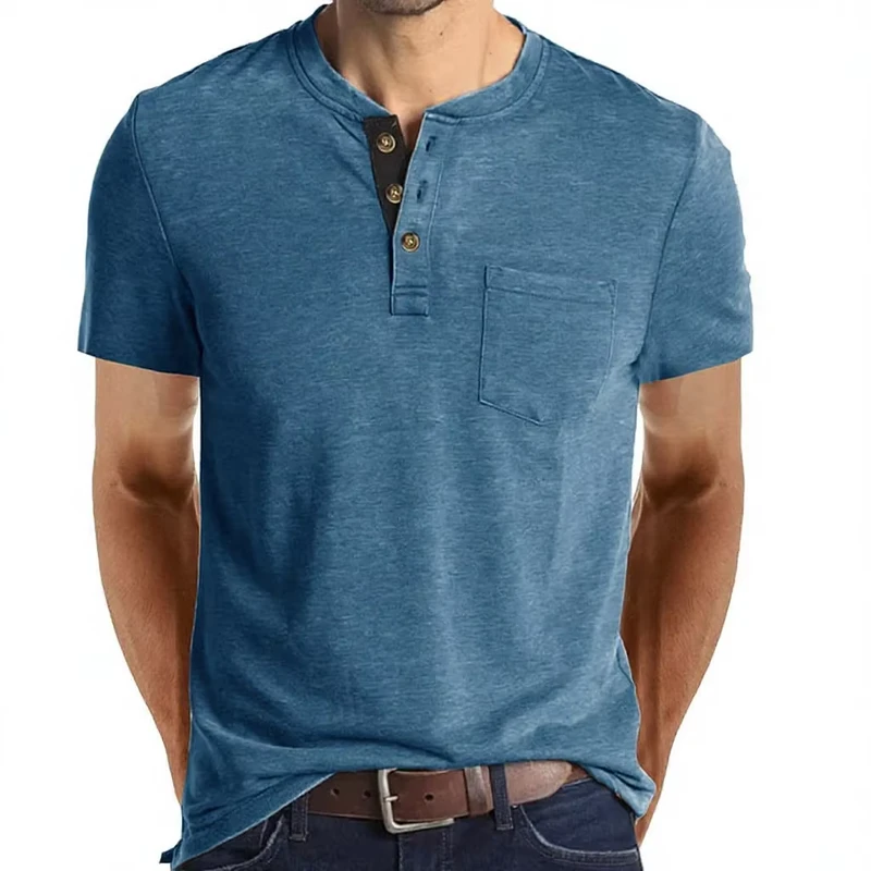 For Mens Solid Cotton Outdoor Tactical Henley Crew Neck Short Sleeve T Shirt Classic Casual European American Style