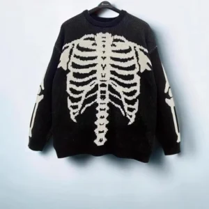 Foreign Trade European American Color Contrast Skull Jacquard Knitted Polyester Sweater for Autumn Winter Loose