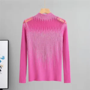French Mesh Splicing Rhinestone Lace Knit Pullover Sweater Women Slim Long Sleeve Thin Tops