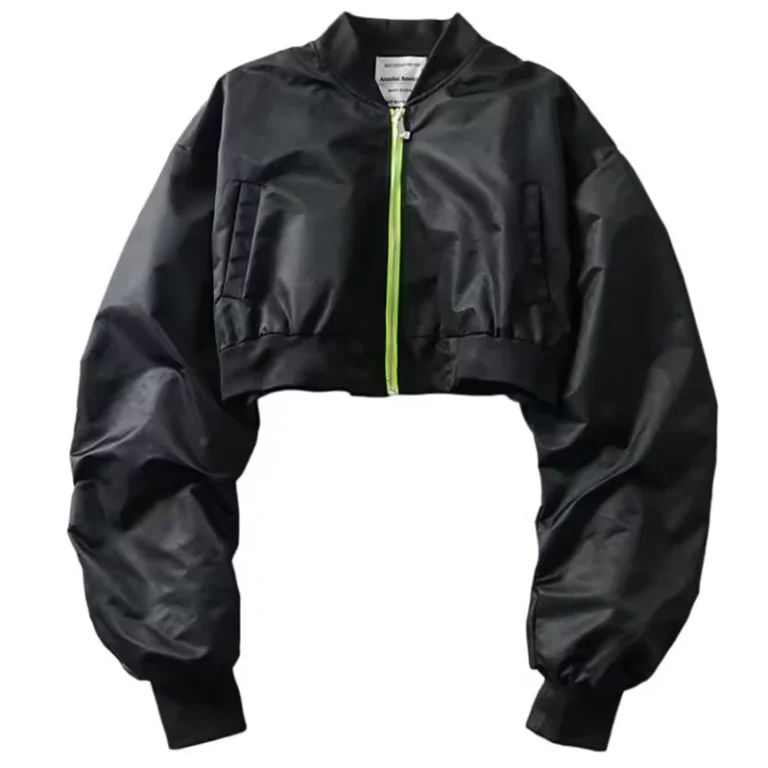 French-Women-Jacket-Autumn-Fluorescent-Green-Zipper-Black-Flight-Suit-Jacket-Coat-Cropped-Top