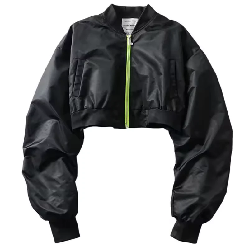 French Women Jacket Autumn Fluorescent Green Zipper Black Flight Suit Jacket Coat Cropped Top