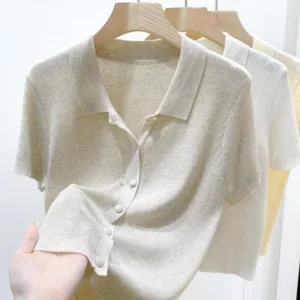 French style Lightweight neck Knit Sweater Women Chic Figure flattering Three quarter Sleeve Regular length Cardigan Summer
