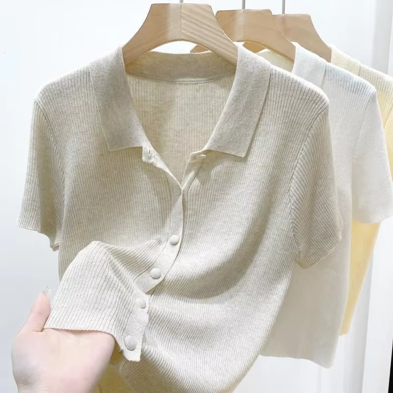 French style Lightweight neck Knit Sweater Women Chic Figure flattering Three quarter Sleeve Regular length Cardigan Summer