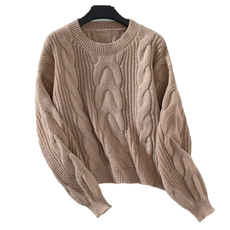 Fried Dough Twists Pullover Women's Solid Polyester Crew Neck Full Sleeve Sweater Autumn Loose Casual Knitted