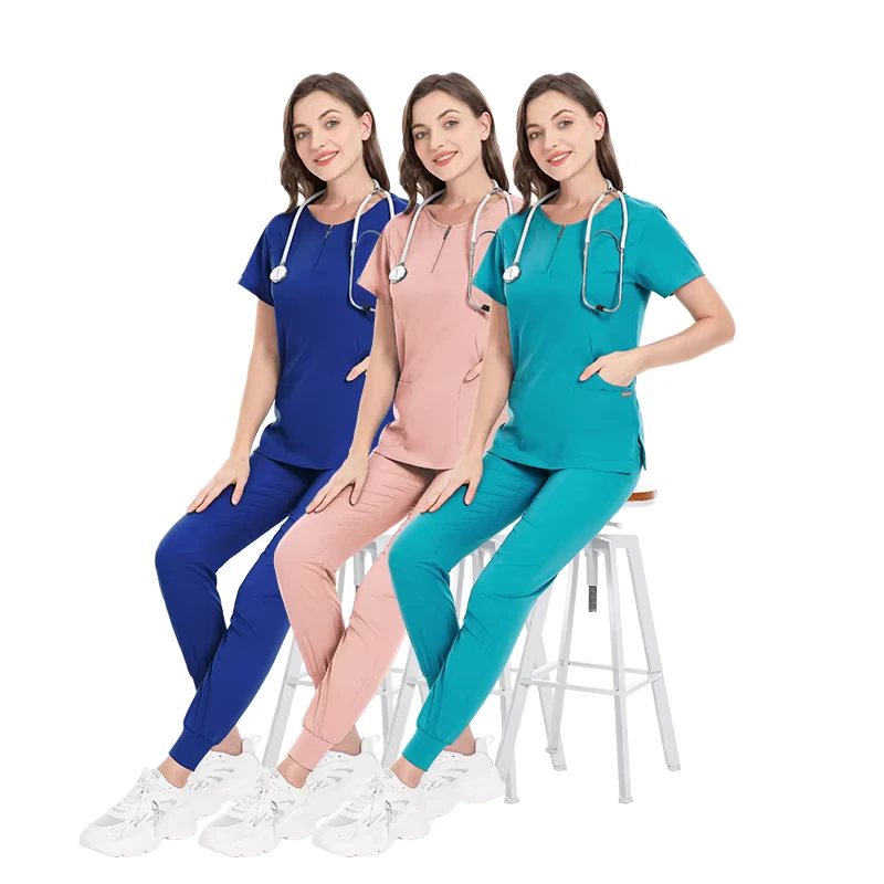 Front Zipper Invisible Pocket Top Jogger Pants Medical Scrubs Stretchy Surgical Nurse Scrubs Uniform for Hospital Custom LOGO