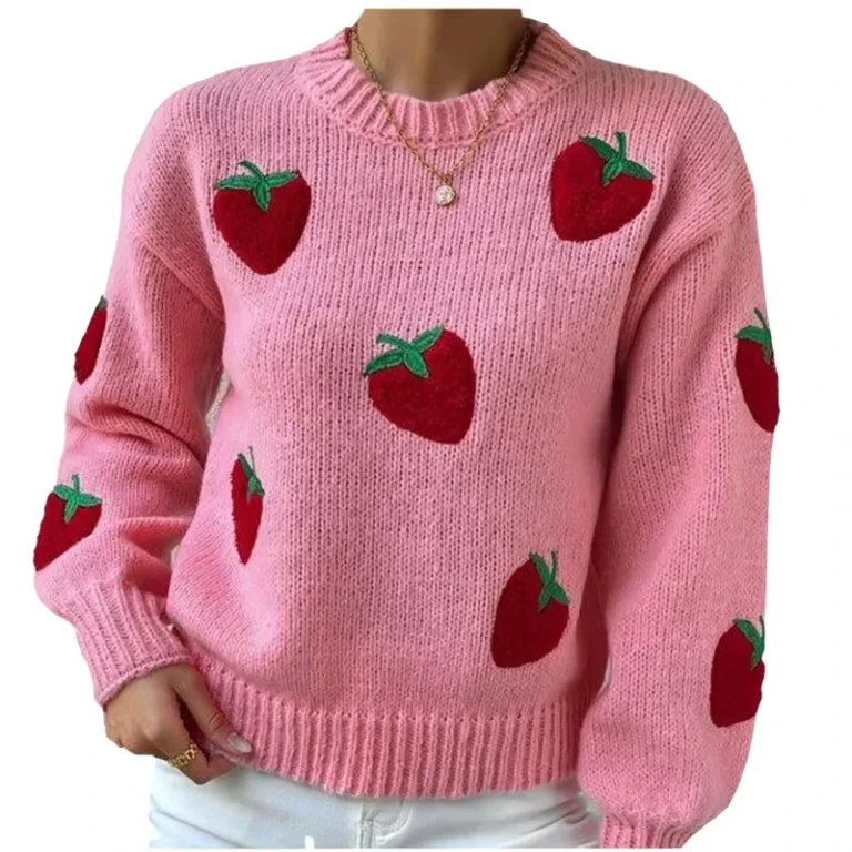 Fuzzy-Heavyweight-Strawberry-Embroidery-Soft-Women-Sweaters-Pattern-Jacquard-Puff-Sleeve-Knitted-Women-Top-Cardigan-Sweater
