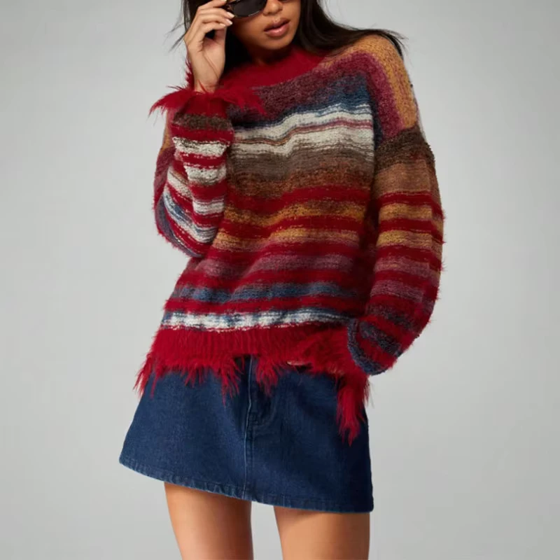 Fuzzy Knit Oversized Sweater Multi Striped Pattern Fringe Hem Fall Winter Turtleneck Long Sleeve Chunky Casual Pullover Jumper