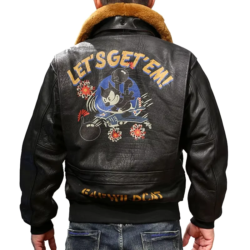 G-1 Pattern Men's Pilot Bomber Jacket with Embroidery Wool Collar Cowhide and Goatskin Leather
