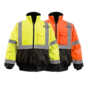 GJ01 100% Polyester 300D Oxford Insert Hood High Visibility Bomber Safety Jacket with Multi Pockets