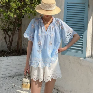 General Merchandise New Summer Embroidered Pull over Raglan Sleeve Three Quarter Sleeve Blouse Women South French Vacation Top