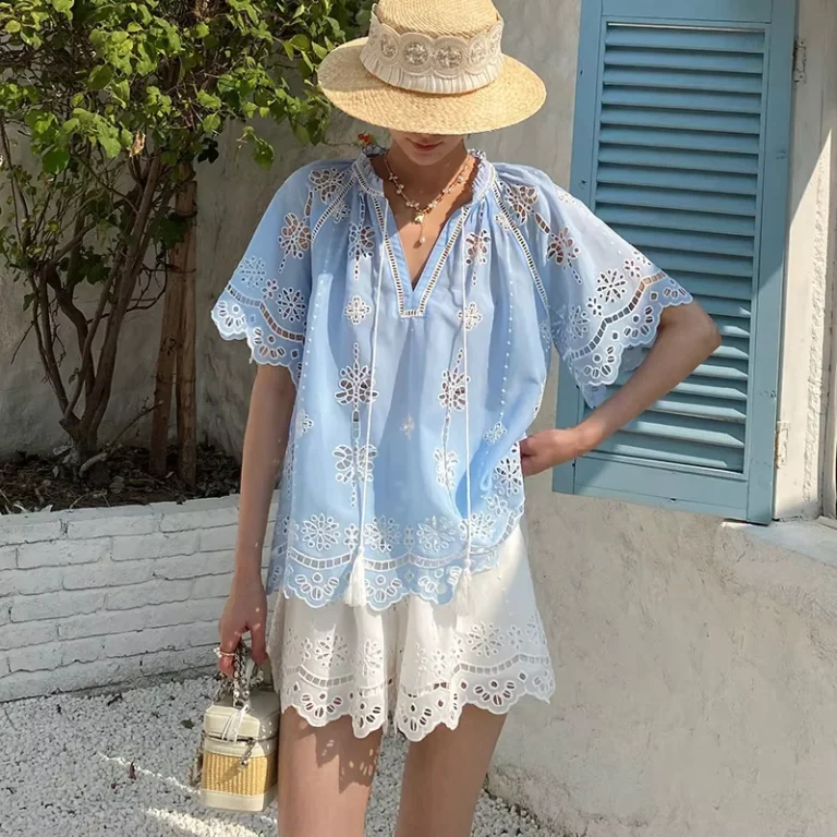 General-Merchandise-New-Summer-Embroidered-Pull-over-Raglan-Sleeve-Three-Quarter-Sleeve-Blouse-Women-South-French-Vacation-Top