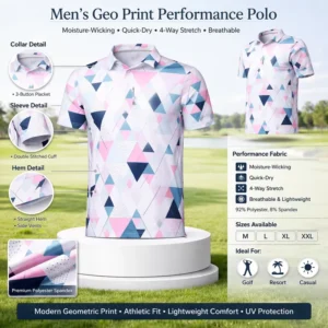 Geometric Print Golf Polo Shirt Custom Embroidery Logo Moisture-Wicking 4-Way Stretch