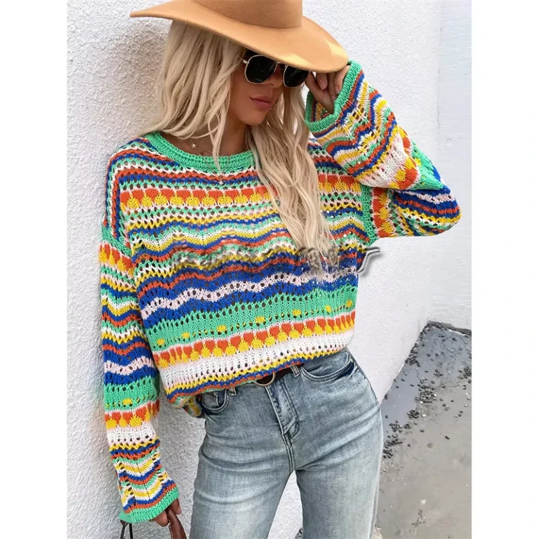Girl-Knitted-Women-Block-Stripe-Long-Sweater-Pullover-Fall-Winter-Cute-Clothing-Womens-Custom-Round-Sweaters