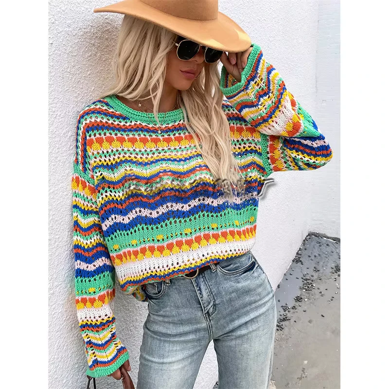 Girl Knitted Women Block Stripe Long Sweater Pullover Fall Winter Cute Clothing Women's Custom Round Sweaters