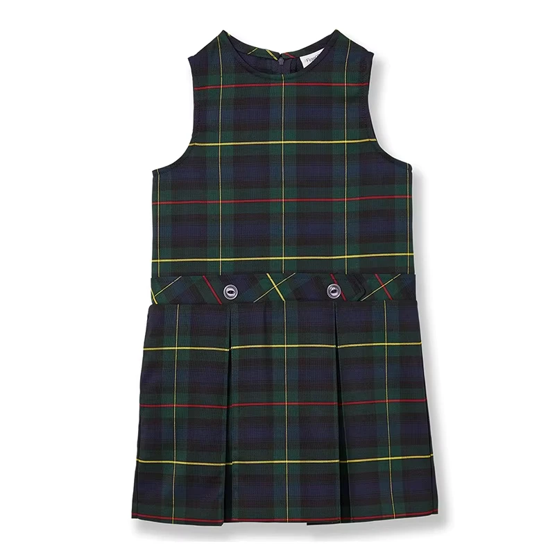 Girls Green Navy Plaid Jumper School Uniform Pinafore Dress Breathable Cotton for Primary and Middle School
