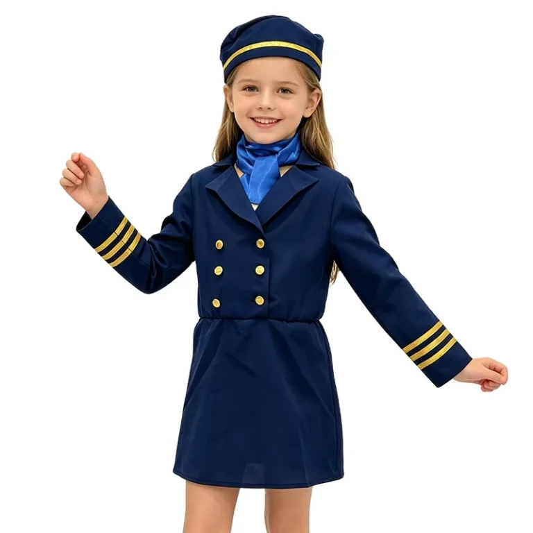 Girls-Pilot-Costume-Air-Hostess-Uniform-Halloween-Cosplay-Complete-Set-with-Hat-Scarf-Polyester-Long-Sleeve