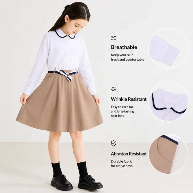 Girls-Polyester-Blend-School-Uniform-Dress-with-Belt-Long-Sleeve-Wrinkle-Resistant-Durable-Fabric