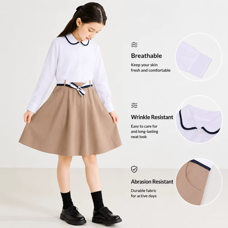 Girls Polyester Blend School Uniform Dress with Belt, Long Sleeve Wrinkle-Resistant Durable Fabric