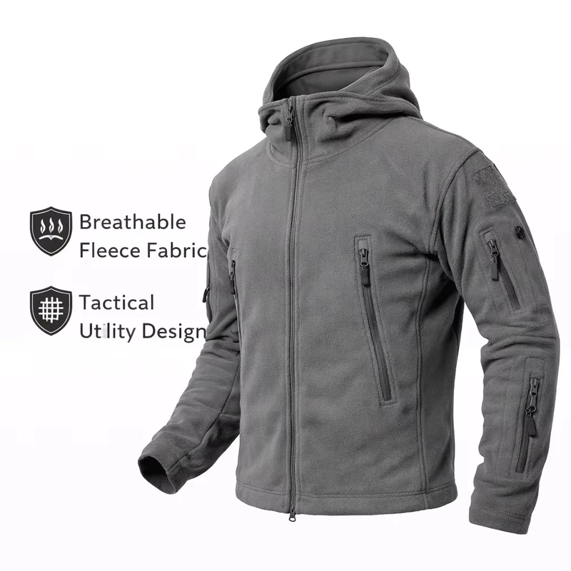 Gray Tactical Jacket Breathable Lightweight Warm Fleece Coat for Outdoor Wear