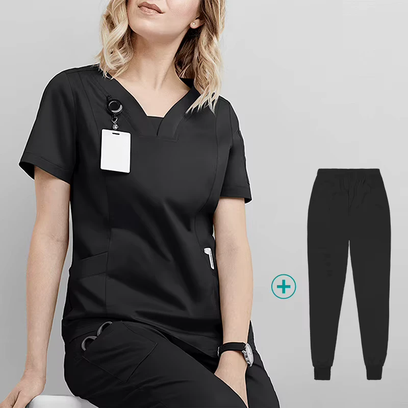 Gray Unisex Ribbed Medical Scrub Set V Neck Short Sleeve Top & Long Pants Moisture Wicking Uniform OEM Medical Scrub Sets