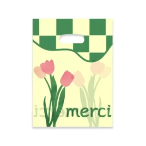 Green Checkerboard Tulip Plastic Shopping Bags with Die-Cut Handles, Merci Print