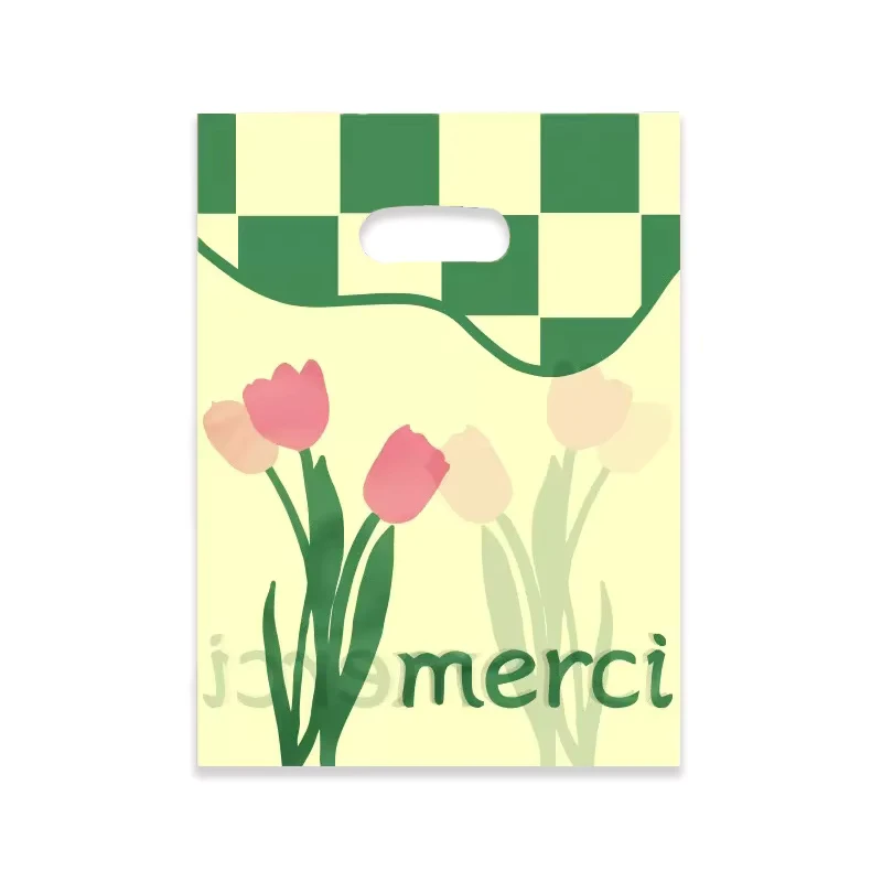 Green Checkerboard Tulip Plastic Shopping Bags with Die-Cut Handles, Merci Print