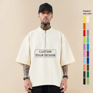 Green Half-Zip Short-Sleeve Men’s T-Shirt Embroidered Oversized Fit