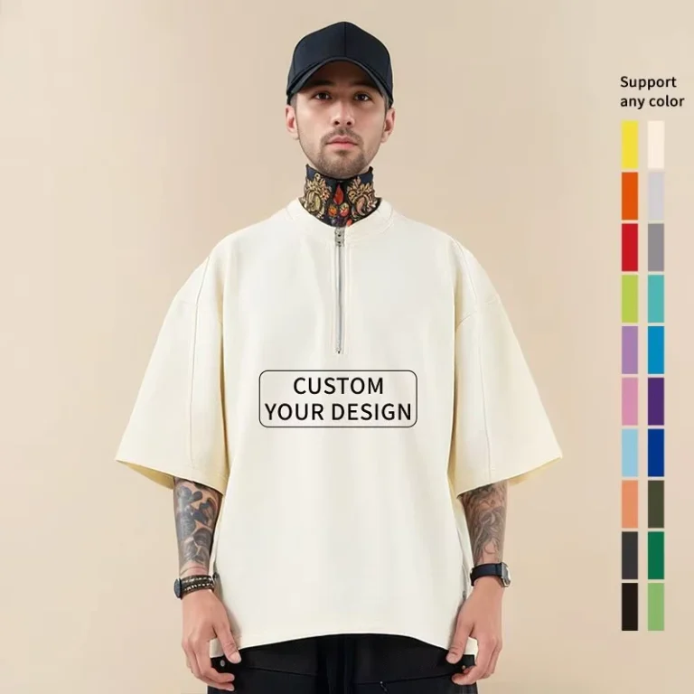Green-Half-Zip-Short-Sleeve-Mens-T-Shirt-Embroidered-Oversized-Fit