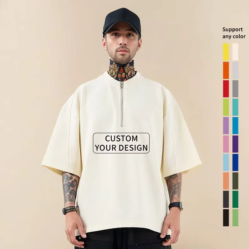Green Half-Zip Short-Sleeve Men's T-Shirt Embroidered Oversized Fit