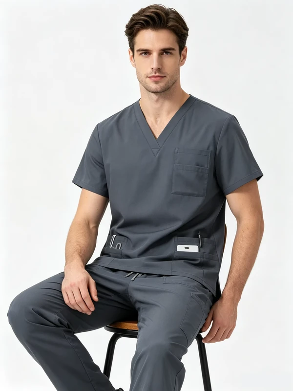 Grey Unisex Moisture Wicking Stretch Medical Scrub Set V Neck Short Sleeve Top Drawstring Nurse Uniform Custom OEM