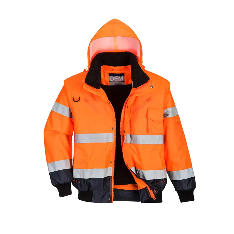 HI VIS 3 In 1 Contrast Bomber Jacket High Visibility 100% Polyest Windproof Men's Reflective Hoodies