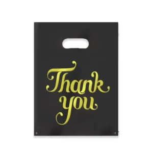 HOYO Black Gold Thank You Print Plastic Merchandise Bags Reusable Die Cut Handle Bags for Retail & Boutique