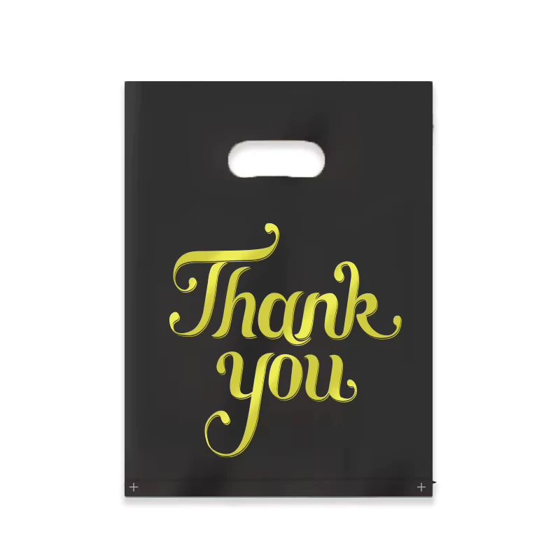 HOYO Black Gold Thank You Print Plastic Merchandise Bags Reusable Die Cut Handle Bags for Retail & Boutique