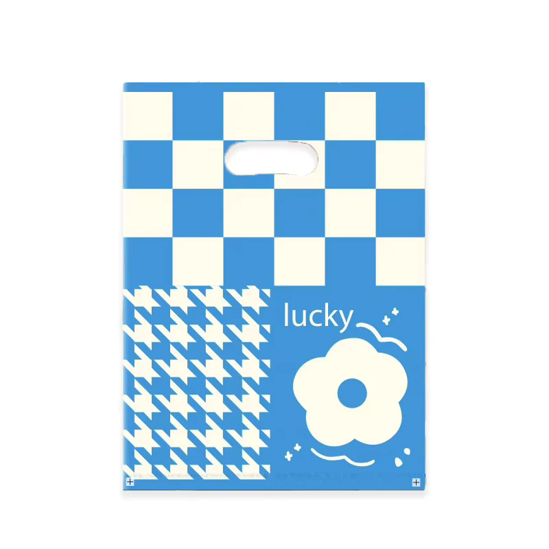 HOYO Blue White Checkerboard Plastic Merchandise Bags Houndstooth & Lucky Flower Print Die Cut Handle Bags for Retail