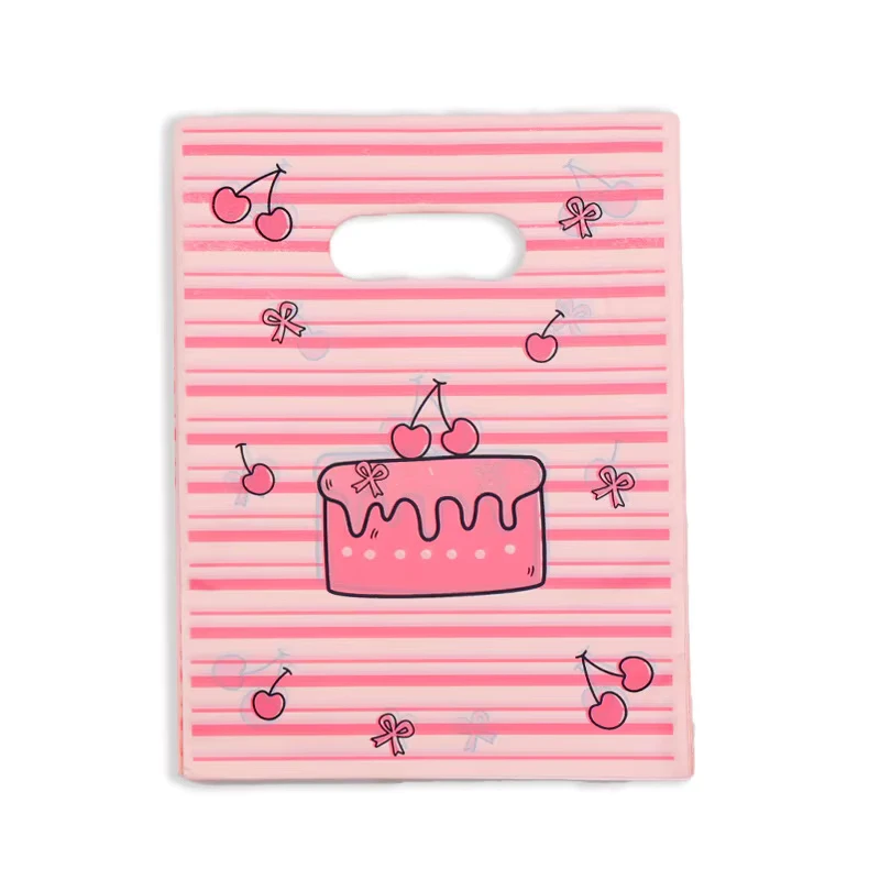 HOYO Cute Pink Stripe Cake & Cherry Plastic Shopping Bags with Die Cut Handles Sweet Gift Bags for Bakery & Boutique